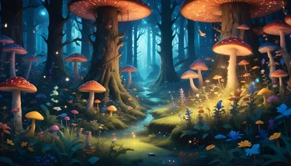 Magic forest with fantasy glowing fireflies and plants - flowers, mushrooms and berries. Cartoon, Dragons, animals,birds 