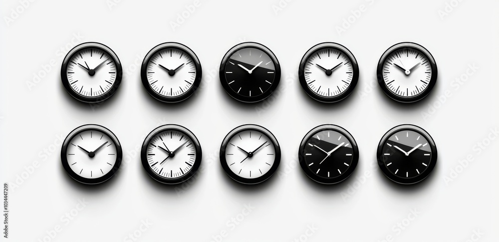 Poster collection set of different time symbols and clock icons in black and white color
