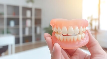 Dentist holding dentures for teeth replacement in clinic
