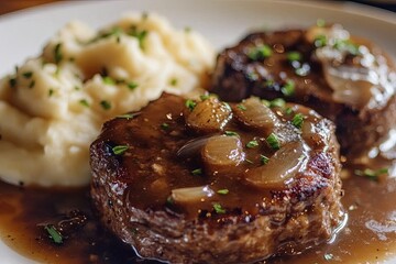 Simple photo of homemade Salisbury Steak with garlic mashed potatoes, taken with an old camera