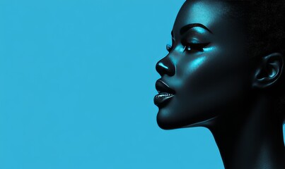 Afro American woman with dark complexion on a blue background