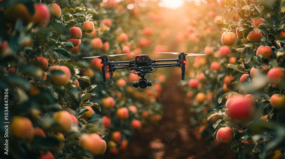 Poster a drone hovers above vibrant apple trees in an orchard at sunset, capturing a unique perspective of 