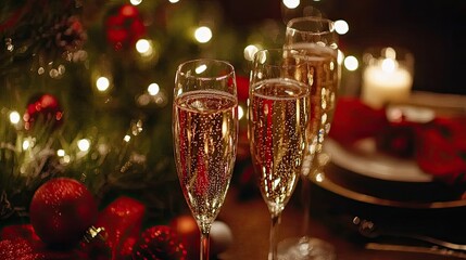 Glasses of sparkling champagne on a festive table at Christmas close-up