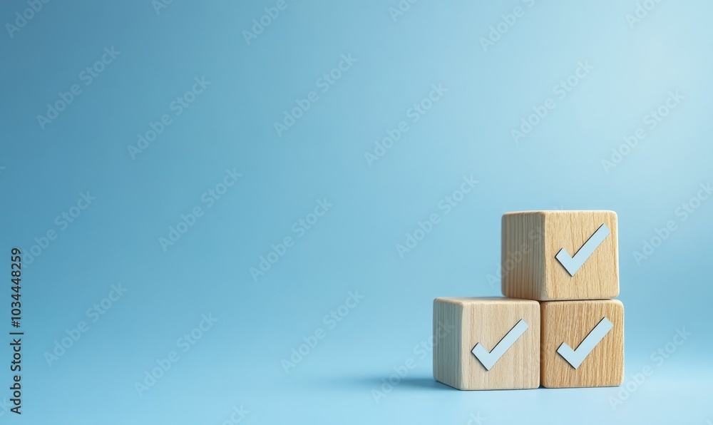 Poster checklist concept with copy space. wood cubes with check marks on blue background