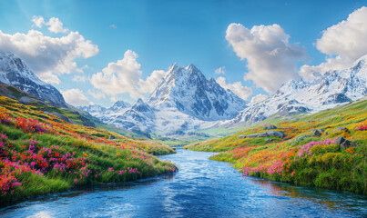 Mountain river flowing through a green mountain landscape, green meadows and snowy rocks background