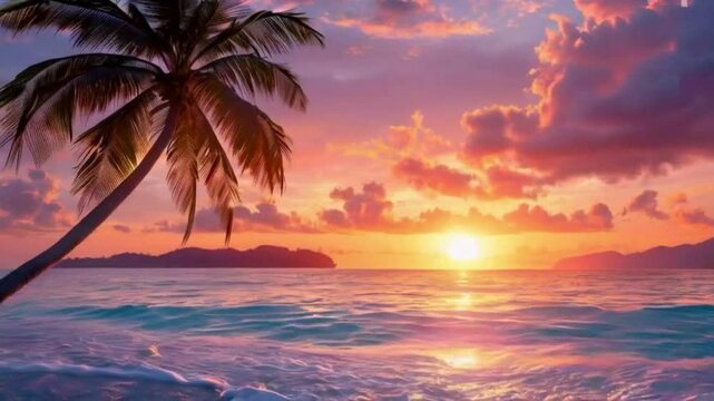 sunset on the beach with plam tree