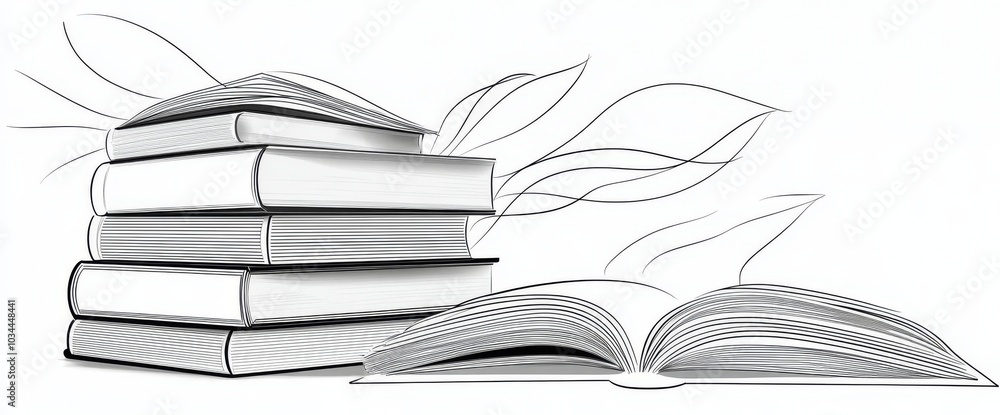 Poster the drawing shows a stack of books with an open book on top of them, a modern illustration created u