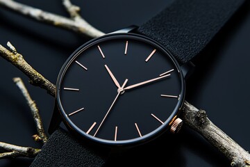 This luxury gold watch with a black dial sits on a beautiful stand on a beautifully lit gray background. Perfect for a woman/man who likes a fashion look.