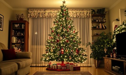 Christmas tree decorated with a mix of traditional ornaments, twinkling lights, and tinsel, standing tall in a festive living room