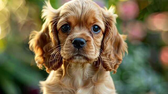 A small, brown and white puppy with floppy ears stares intensely at the camera