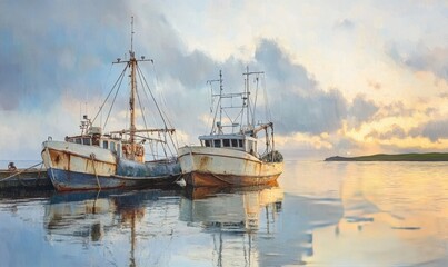 Calm harbor with two moored fishing boats