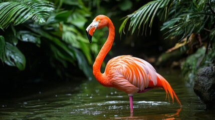Fototapeta premium Elegant flamingo standing gracefully in shallow water
