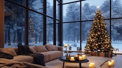 Elegant modern candlelit living room with a decorated Christmas tree and large windows 