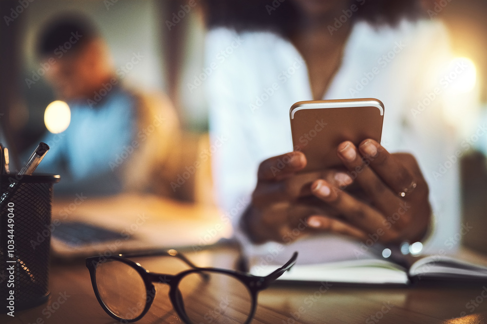 Fototapete woman, hands and phone in office for business research, communication and writing client feedback. e