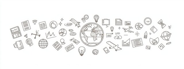 Law globally, Translate language, Outsource. Business icons, world business line. International organization, financial transactions, world map. Delivery service, global outsource. Vector.