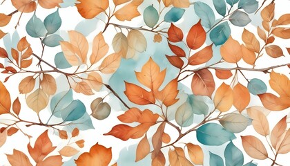 autumnal branch with Different Type of  leaves in watercolor style isolated on white or transparent doodle pattern