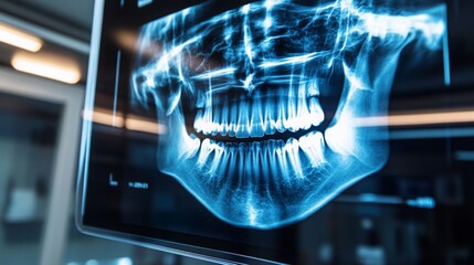 Obraz premium A detailed X-ray displays the structure of a human jaw with teeth and gums, highlighting dental conditions. This work is performed in a medical facility, emphasizing the importance of oral health.