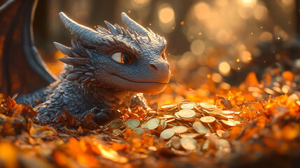 Obraz premium Golden Harvest with a Tiny Dragon's Treasure Adventure in the Garden