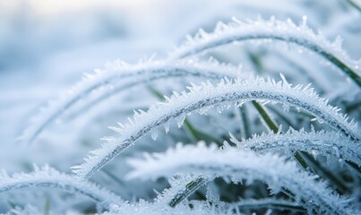 Close-up of frost-covered grass blades, each blade outlined in ice with a sharp, crystalline texture