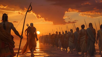 Lord Rama with his army of vanaras (monkey warriors) marching towards the battlefield. He holds his bow confidently, and his army looks to him with trust and admiration. In the background, the setting