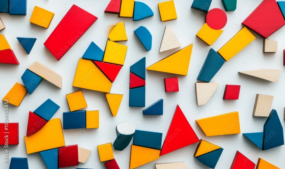 Poster colorful geometric shapes in primary colors scattered over a white surface, creating a vibrant and d