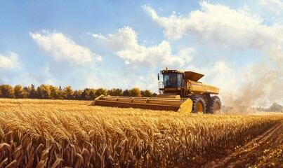 Obraz premium Combine harvester driving through a field harvesting corn
