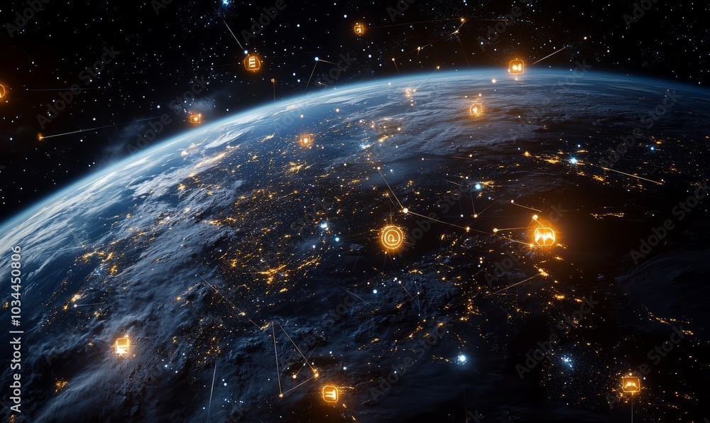 Aufkleber communication technology for internet business. global world network and telecommunication on earth 