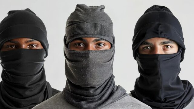 Three men wear different color ski masks
