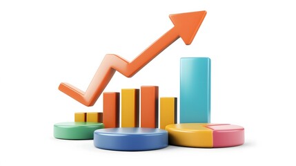 
lying composition 3d icon, UI icon, a chart icon, bar chart has a rising arrow on it, bar chart, pie chart, a rising arrow, frosted glass, transparent, white background, transparent technology sense