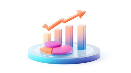 
lying composition 3d icon, UI icon, a chart icon, bar chart has a rising arrow on it, bar chart, pie chart, a rising arrow, frosted glass, transparent, white background, transparent technology sense