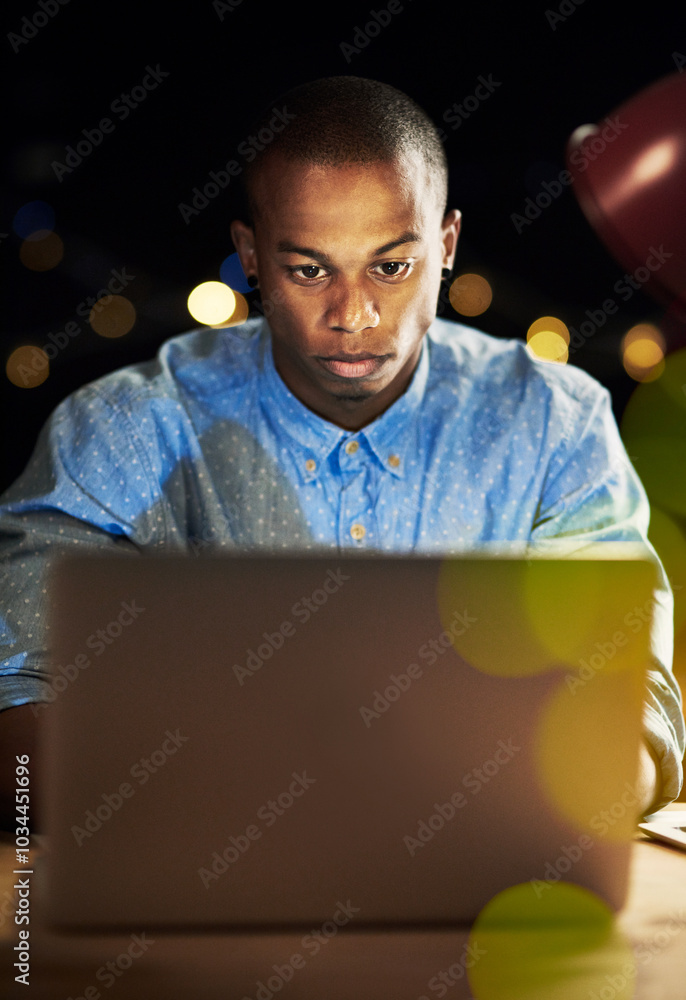 Poster office, laptop and business black man at night for website, research and online project in dark. cor