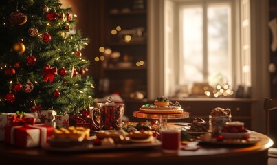 Naklejka premium Cozy Christmas morning scene with a tree, presents, and a breakfast table set with holiday treats