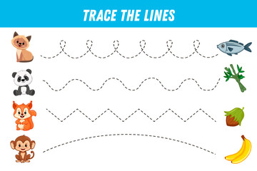 Tracing lines for kids. Cute cartoon animals: panda, cat, squirrel, monkey. What do animals eat? Handwriting practice. Educational game for preschool kids. Activity page.