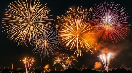 Fireworks over city skyline at night