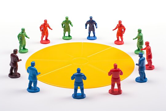 A group of colorful figures surrounds a yellow disc ready to play Simon Says during a fun family gathering at home on a lively evening