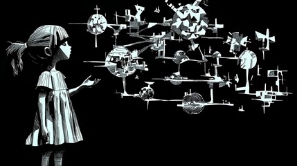 A young girl in a checkered dress with a ponytail stands on the right side of the image, gazing at a complex array of abstract, floating structures resembling futuristic buildings