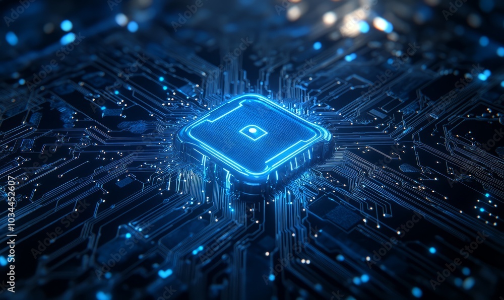 Poster cyber security concept: circuit board with closed padlock icon on it. blue padlock with circuit line