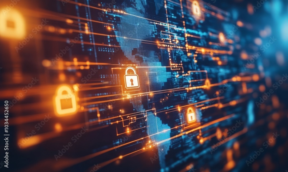 Poster cyber security network and data protection technology on interface. ai security, block chain, digita