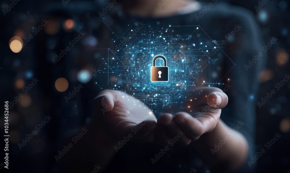 Poster cybersecurity concept global network security technology, business people protect personal informati
