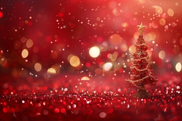 Red Christmas background with a Christmas tree and spangle