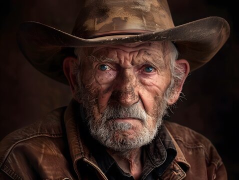 Intense portrait of an elderly cowboy with a weathered