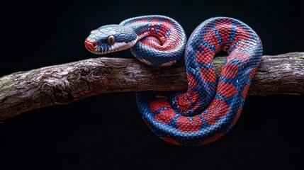 Exotic snake coiled on a branch, showcasing its vibrant patterns