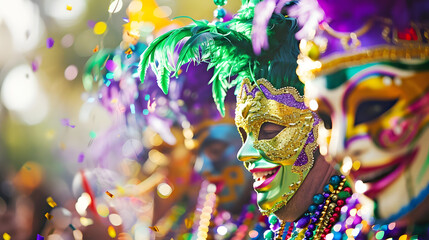 mardi gras parade with colorful beads and masks
