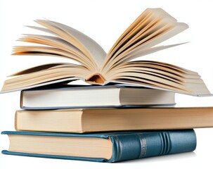 Isolated white stack of books with an opened book atop