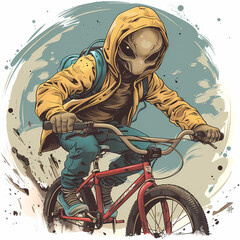 Cute alien with bike clipart
