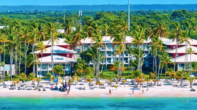 Palm trees, umbrellas and sun loungers at the Barcelo resort on the tropical sea beach of the Dominican Republic. Panoramic landscape of relaxation. Summer travel and seaside vacation concept.