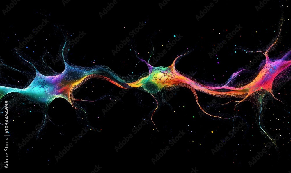 Poster detailed illustration of a single neuron with colorful branching pathways and connections