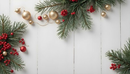 Christmas background with fir branches and decorations on a white wooden table. AI generated