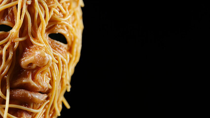 Skurrile Halloween-Maske aus verschlungenen "Spaghetti". Nudelartige Stränge bilden Gesichtszüge. Leicht gruselig, doch humorvoll. Kreative Mischung aus Essen und Horror. Einzigartig, auffällig