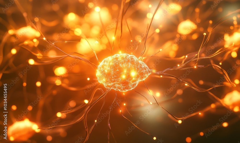 Poster digital brain neural network. machine learning concept. orange tech background